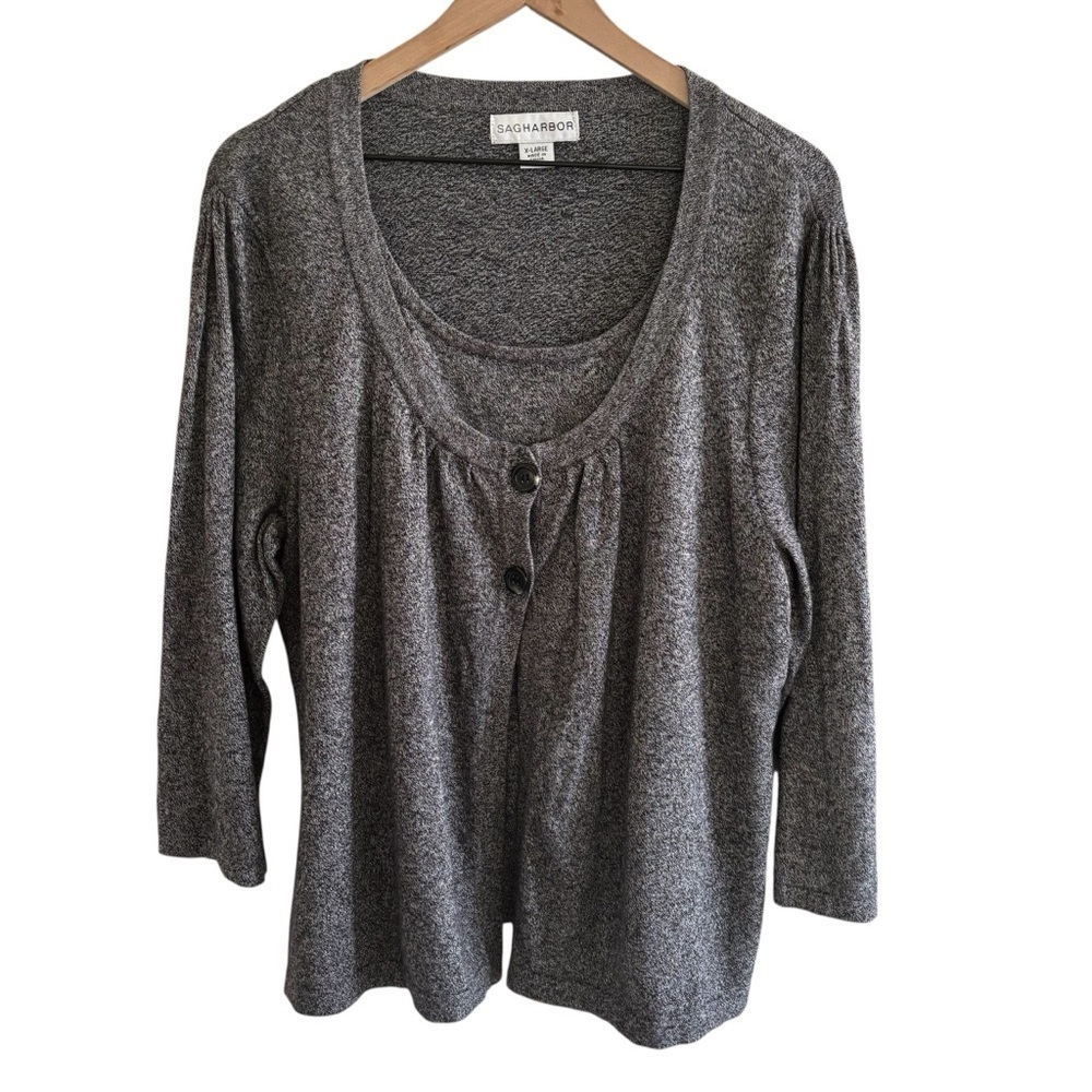 Sag Harbor Tank & Cardigan Sweater Set XL Gray 3/4 Sleeves Office Casual